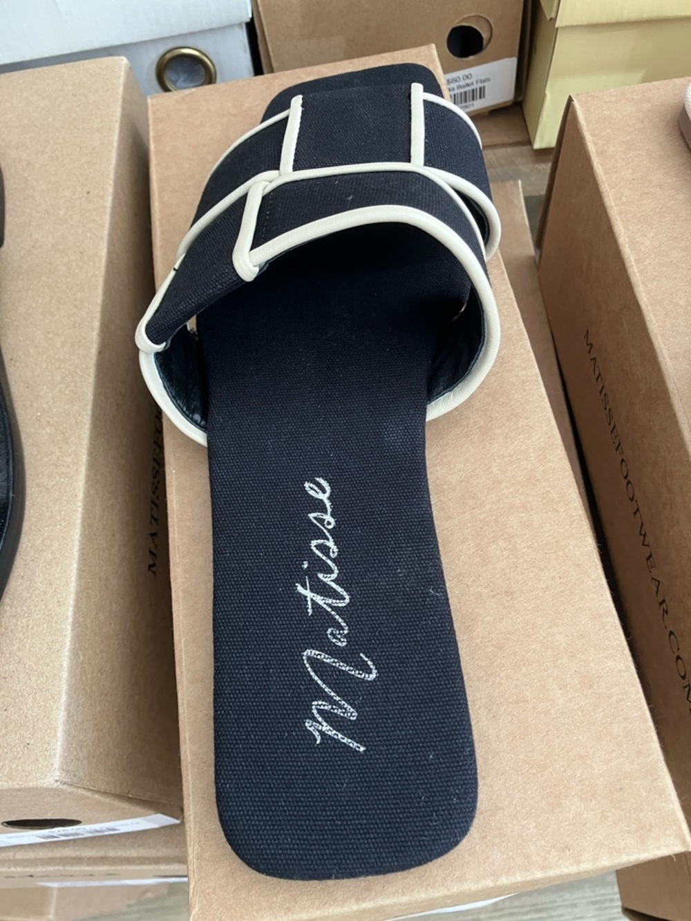 Matisse Black Slide Mules with Cream Trim - Picture 3 of 3